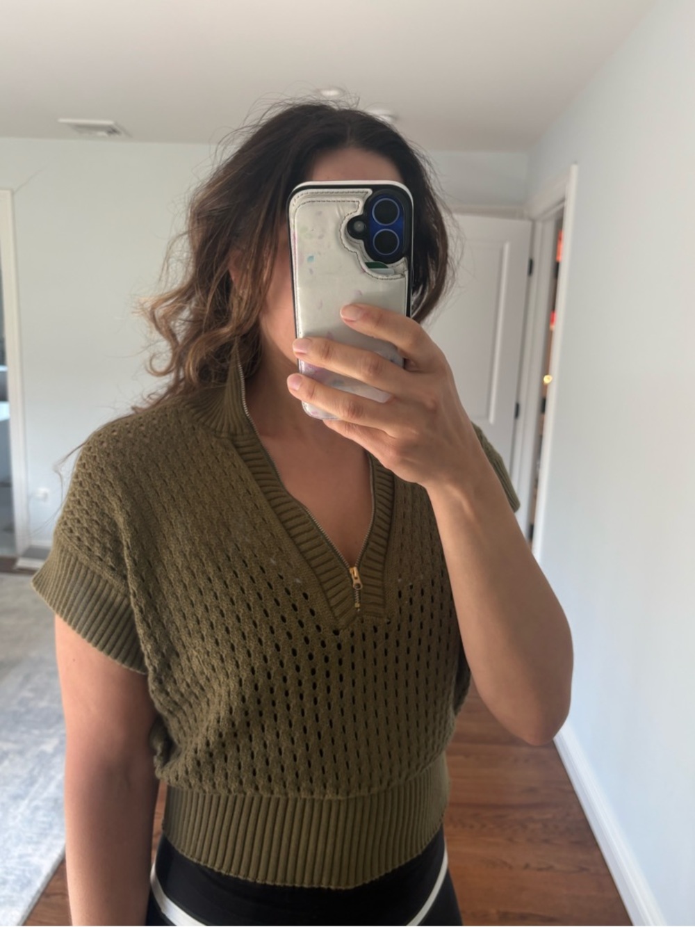 Olive Green Short-Sleeve Knit Sweater with Zip V-Neck